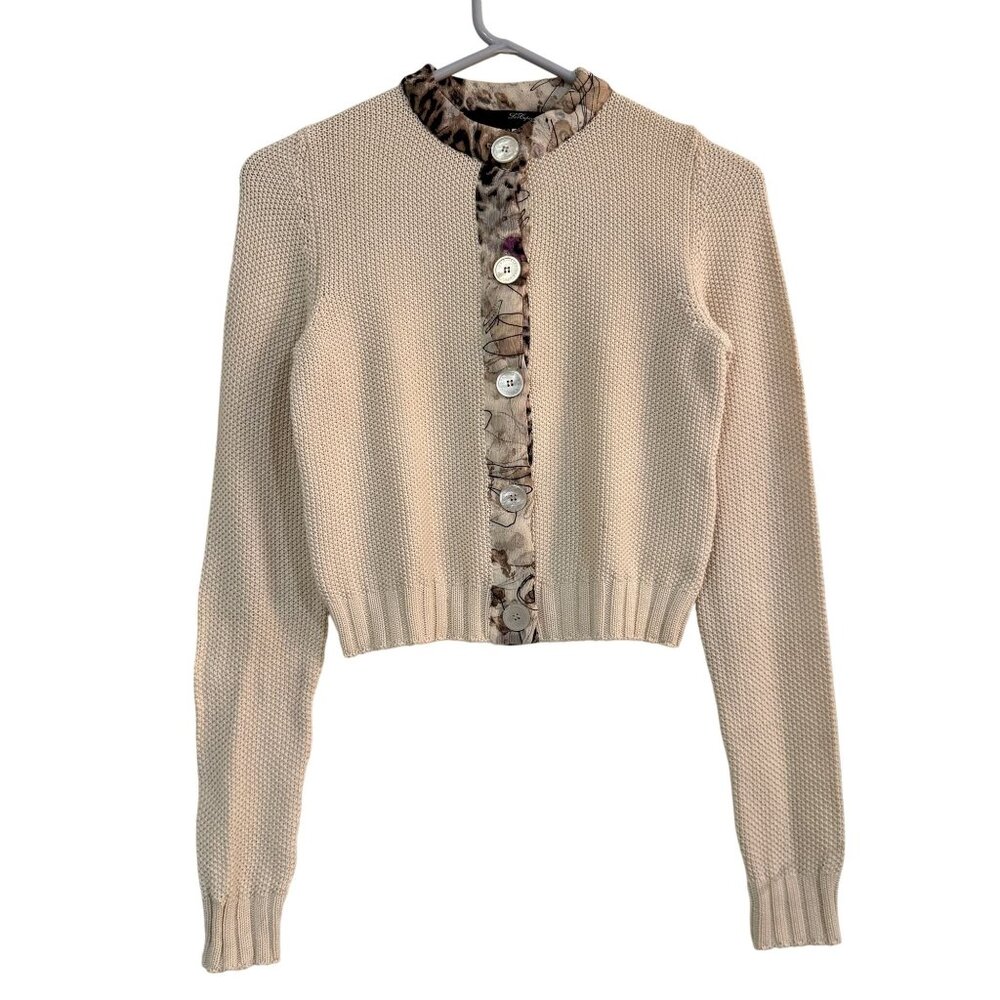 Vintage Les Copains Italy Women's Cream Knit Cardigan Silk Trim 90s Size IT 42 - Picture 1 of 8
